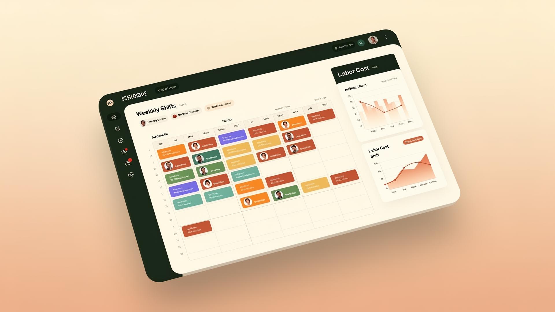 SHIFF dashboard showing weekly restaurant shift schedule and labor cost analytics